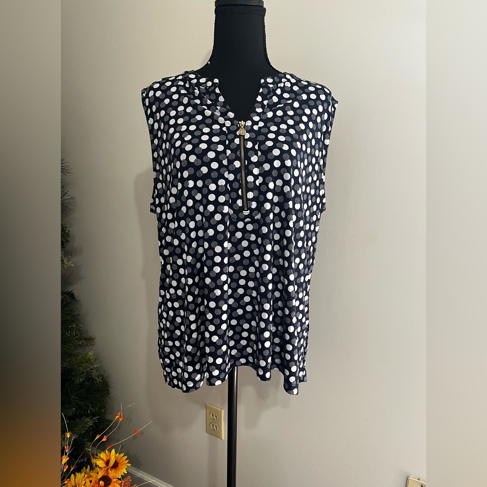 Anne Klein Navy and White Polka Dot Blouse XL